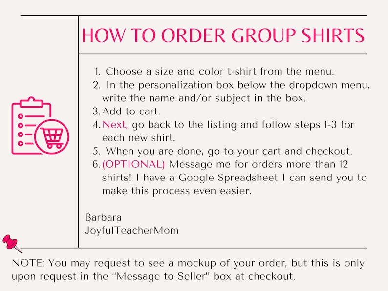 May include: A cream-coloured graphic with instructions on how to order group shirts. The text includes steps for choosing sizes, adding to cart, and personalisation. A pink shopping cart icon is on the left.