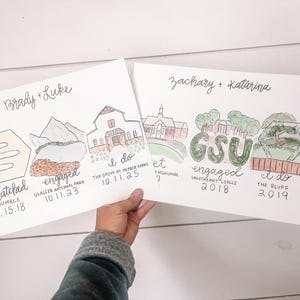 May include: Two watercolor illustrations of couples' timelines. The first illustration shows a couple's timeline from "Matched" on Bumble to "Engaged" at Glacier National Park to "I do" at The Grove at Deford Farms. The second illustration shows a couple's timeline from "Engaged" at Sweetheart Circle to "I do" at The Bluff. Both illustrations include the couple's names and the dates of each event.