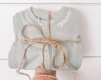 Hand embroidered name zip up organic cotton sleeper