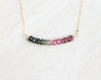 Tourmaline Beaded Gold Necklace, Watermelon Tourmaline Necklace, October Birthstone Gift, Dainty Gemstone Bar Necklace
