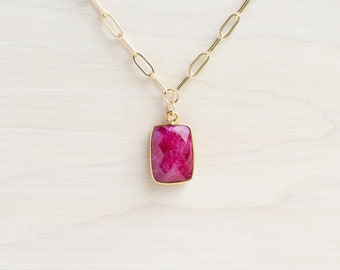Ruby Gold Filled Necklace, Gemstone Paperclip Necklace, Natural Ruby Pendant Necklace, July Birthstone Gift, Ruby Paperclip Necklace