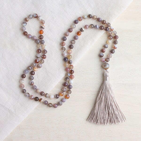 Agate Mala Necklace, Comforting Mala, Botswana Agate Necklace, Gemstone Mala Beads, Natural Stone Mala, Tassel Mala Necklace