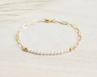 Pearl Paperclip Bracelet, Pearl Chain Bracelet, Gold-filled Pearl Bracelet, Paperclip Chain Beaded Bracelet