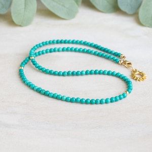 Tiny Turquoise Beaded Necklace, Dainty Turquoise Necklace, Gold Turquoise Choker, Genuine Turquoise Bead Necklace