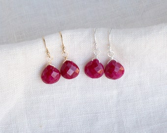 Natural Ruby Drop Earrings, Handmade Ruby Dangle Earrings, Minimalist Ruby Gold Silver Earrings, July Birthstone Gift