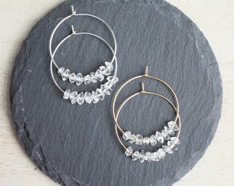 Herkimer Diamond Hoops, Raw Gemstone Earrings, Boho Stone Beaded Hoops, Raw Diamond Earrings, Herkimer Gold or Silver Hoops