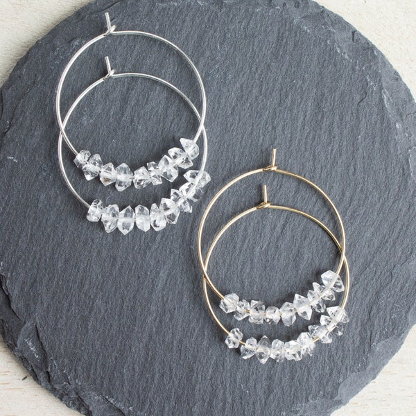 Herkimer Diamond Hoops, Raw Gemstone Earrings, Boho Stone Beaded Hoops, Raw Diamond Earrings, Herkimer Gold or Silver Hoops