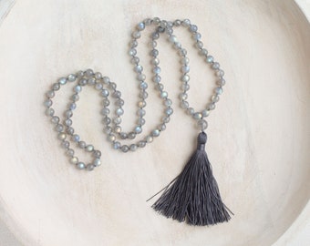 Collar Mala de Labradorita, Mala Transformación, Cuentas Mala de Piedras Preciosas, Mala Piedra Gris, Collar Mala Borla