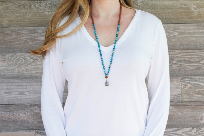 Matte Blue Agate Mala Necklace Gemstone Beaded Necklace Meditation Jewelry Blue Agate and Rudraksha Bead Mala