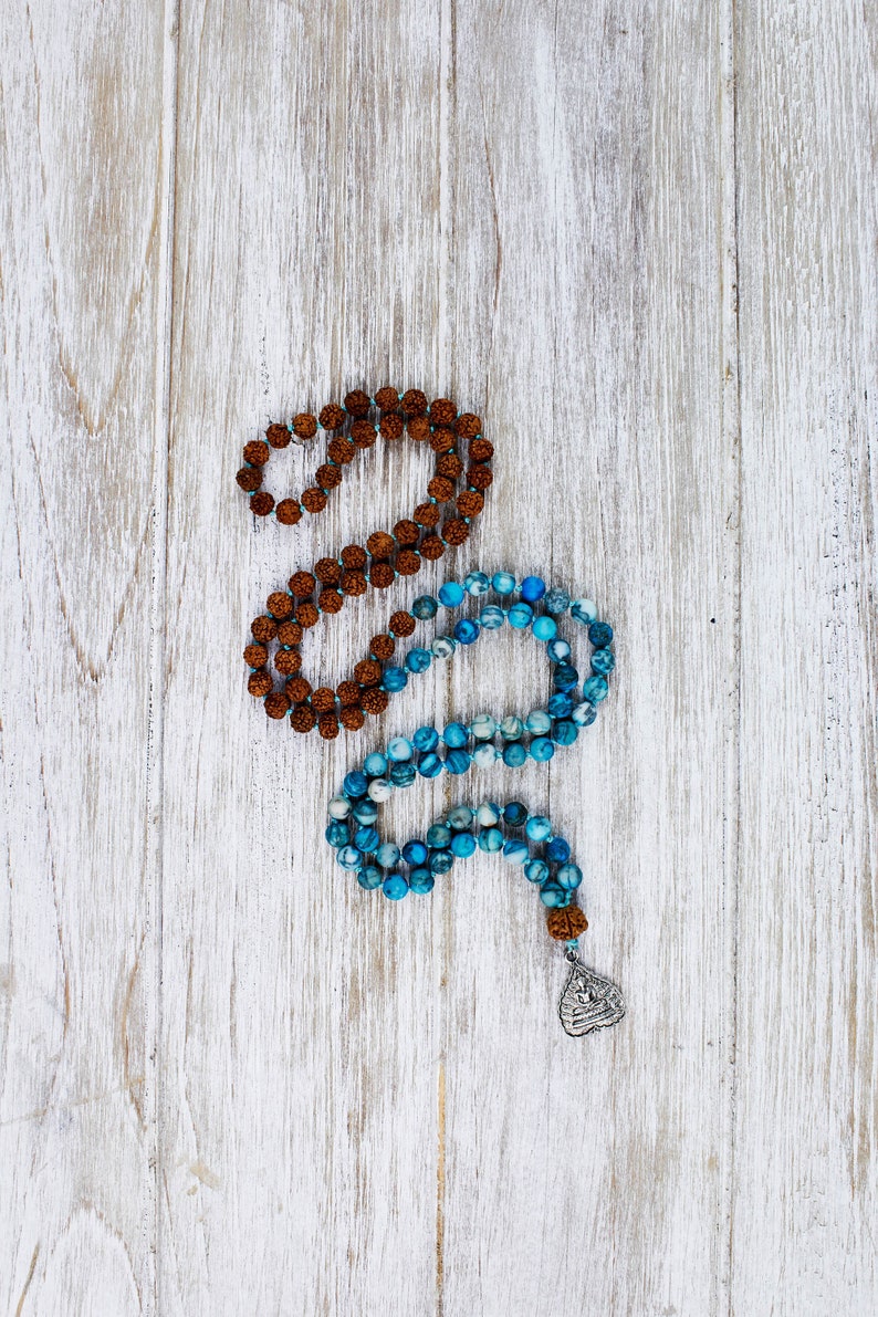 Matte Blue Agate Mala Necklace Gemstone Beaded Necklace Meditation Jewelry Blue Agate and Rudraksha Bead Mala