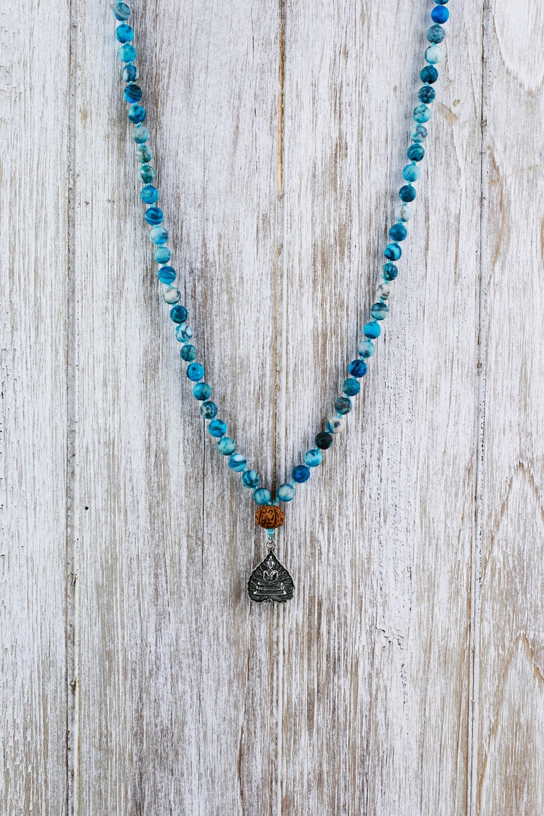 Matte Blue Agate Mala Necklace Gemstone Beaded Necklace Meditation Jewelry Blue Agate and Rudraksha Bead Mala