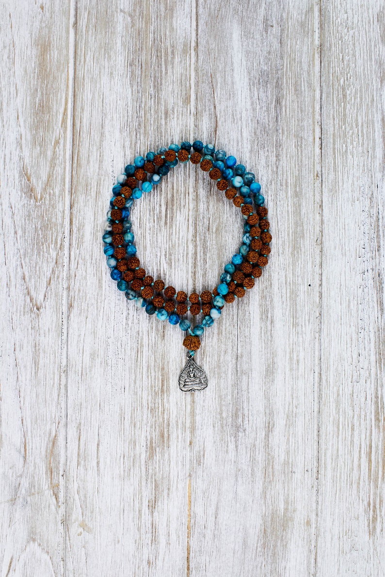 Matte Blue Agate Mala Necklace Gemstone Beaded Necklace Meditation Jewelry Blue Agate and Rudraksha Bead Mala
