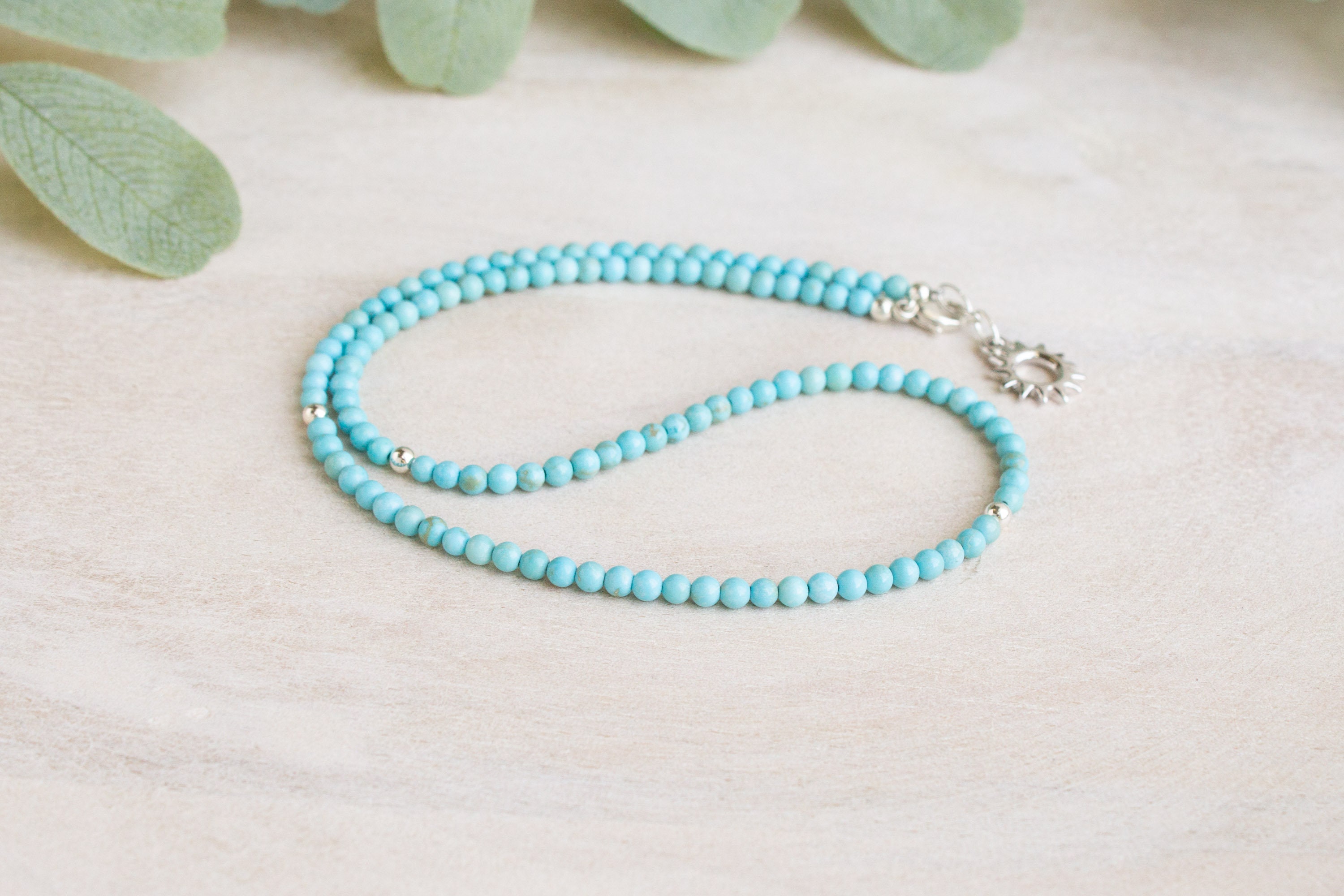 Tiny Turquoise Beaded Necklace, Dainty Turquoise Necklace, Silver Turquoise Choker, Genuine Turquoise Bead Necklace