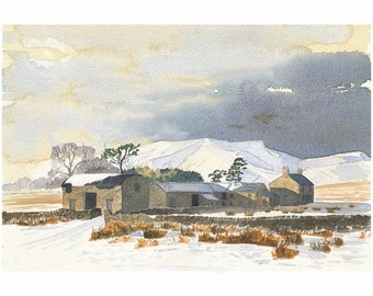 Riverside Farm and Blencathra under snow, Lake District artwork, Landscape watercolour, Cumbria watercolour, Wainwright, Cumbria, Matterdale