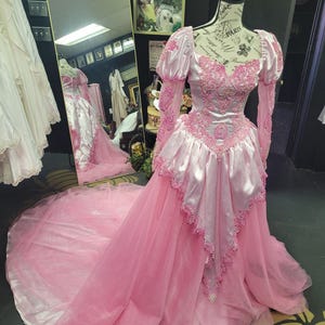 Custom dyed, never been worn vintage Pretty in Pink satin and tulle wedding gown. So much tulle! This is your Bridgerton moment!