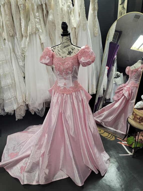 pink vintage wedding dress Blush Pink A-line Sweetheart Floral Backless Wedding Dress, Bridal Gowns, MW761