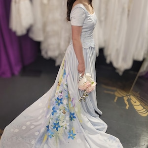Hand-painted, one-of-a-kind, artisan wedding gown. Custom dyed blue with embroidery. Us sample size 10.