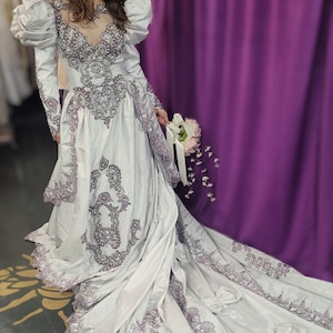 It's the Bridgerton look you've been searching for! Custom dyed lavendar, vintage satin & wedding lace gown with pearl details - US size 6.