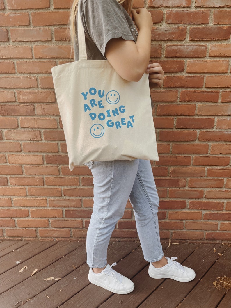You Are Doing Great Smiley Tote Bag l Smiley Face Market Tote Bag l Minimalist Canvas Bag image 5