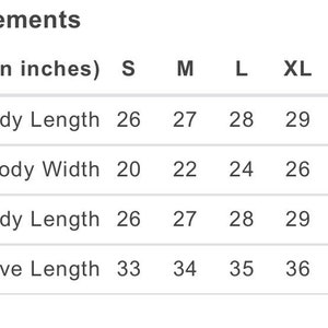 May include: Measurements chart in inches for a garment, detailing body length, body width, full body length, and sleeve length across sizes S to 3XL. Body length ranges from 26 to 31 inches.