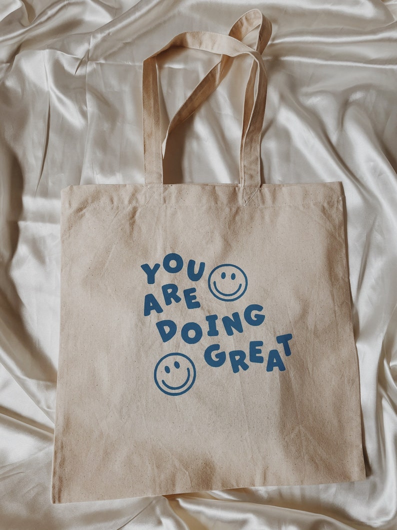 You Are Doing Great Smiley Tote Bag l Smiley Face Market Tote Bag l Minimalist Canvas Bag image 2