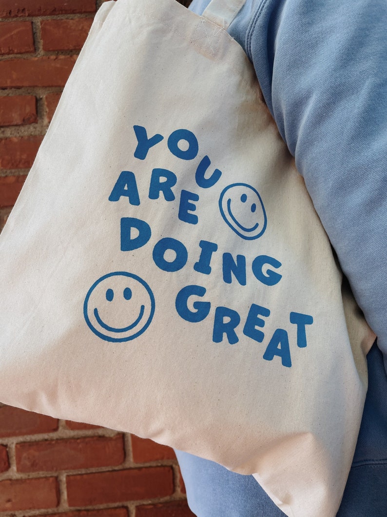 You Are Doing Great Smiley Tote Bag l Smiley Face Market Tote Bag l Minimalist Canvas Bag image 4