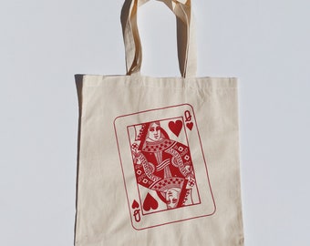 Queen of Hearts Canvas Tote Bag | Red Playing Card Print