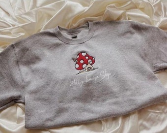 Mushroom House Embroidered Sweatshirt l Embroidered Toadstool Mushroom l Fungi Sweatshirt