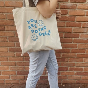 You Are Doing Great Smiley Tote Bag l Smiley Face Market Tote Bag l Minimalist Canvas Bag image 3