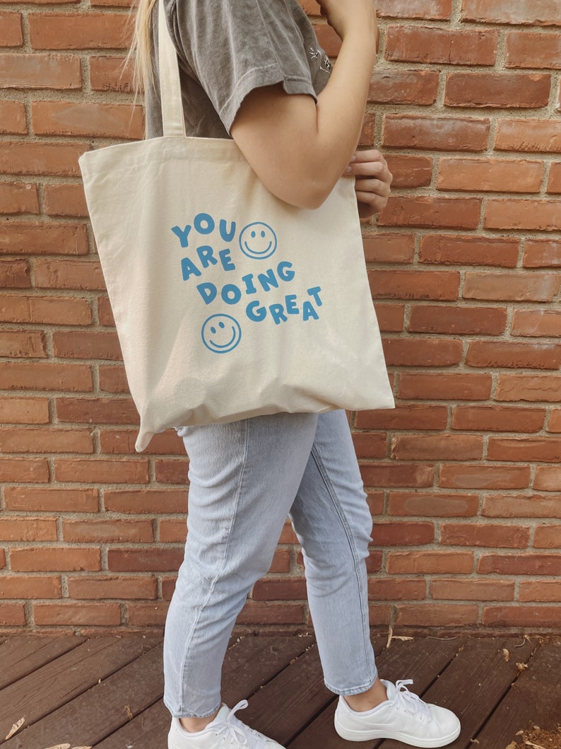 You Are Doing Great Smiley Tote Bag l Smiley Face Market Tote Bag l Minimalist Canvas Bag image 3