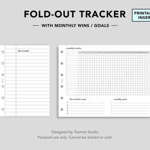 May include: A printable fold-out tracker with monthly goals and wins. The design includes a lined page for notes and a grid for tracking daily progress. The text includes "this month" and "monthly tracker".