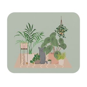 Grey Cat with Plants | Cinders Plants | Cute, Green Mouse Pad (Rectangle) | mkltrends