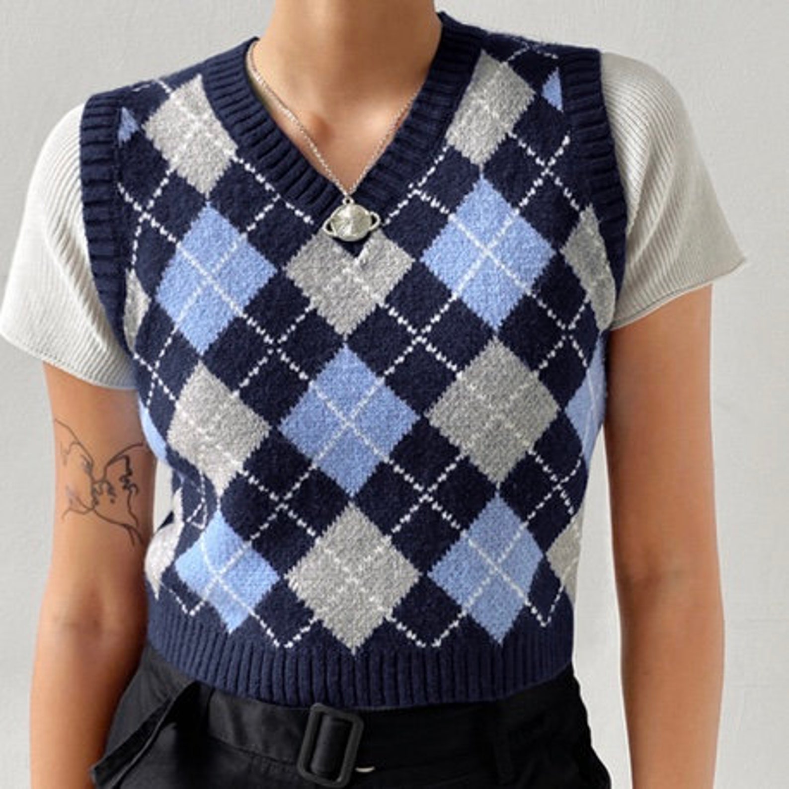 Argyle sweater vest crop style Vneck knitwear in navy blue | Etsy
