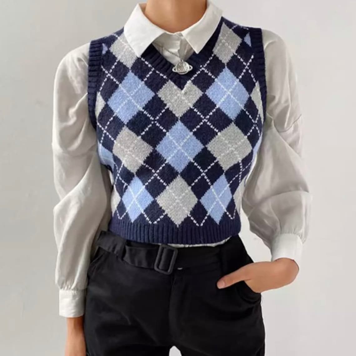 Argyle sweater vest crop style Vneck knitwear in navy blue Etsy