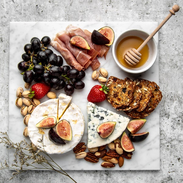 Natural Marble Charcuterie Board, 12x12 inch (30cm) Cheese Platter, Rubber Non-Slip Feet, White Natural Marble