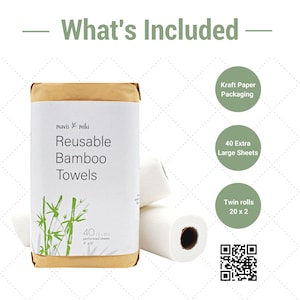 Reusable Bamboo Towels by MAVIS MIKI | 2-Roll Set, 40 Sheets | Heavy Duty, Washable & Reusable, Money Saving, Kitchen Paper Replacement