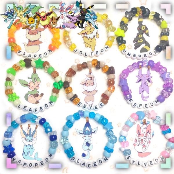 Eevee evolutions kandi bracelets - Eevee, sylveon, espeon, glaceon, flareon, umbreon, leafeon, vaporeon, jolteon