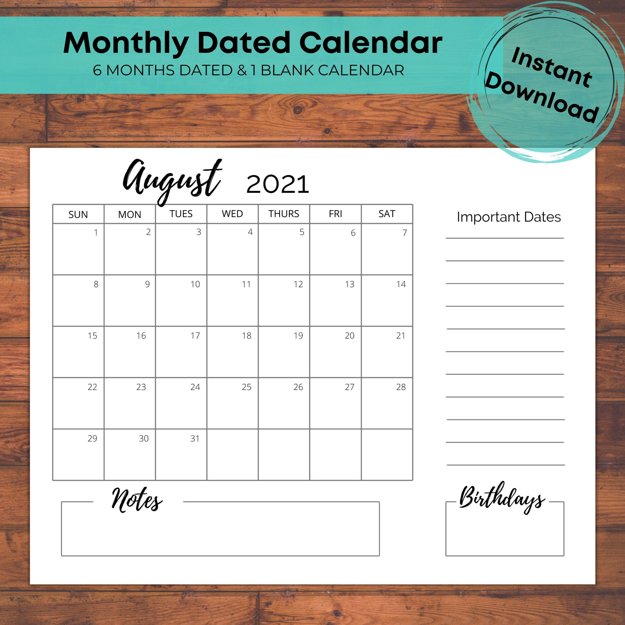 july 2021 to december 2021 dated monthly calendar simple etsy