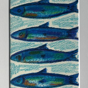 acquerello originale pesce sardine frutti di mare costiero squame colorato oceano spiaggia casa vacanza Florida New England acciughe pastello mare