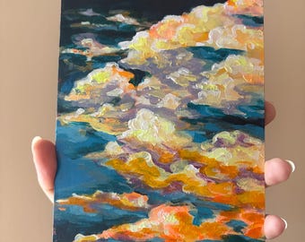 Pintura acrílica del atardecer en el lago Tahoe, paisaje de nubes colorido (5x7)