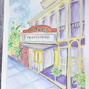 Columbus Theatre Providence Rhode Island originale acquerello storico film opera architettura collina federale