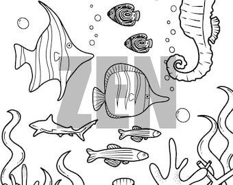Under The Sea Printable Coloring Page, Under Water Sea Life Coloring Page For Adults And Kids, Coral Reef Coloring Sheet, Fish Coloring Page