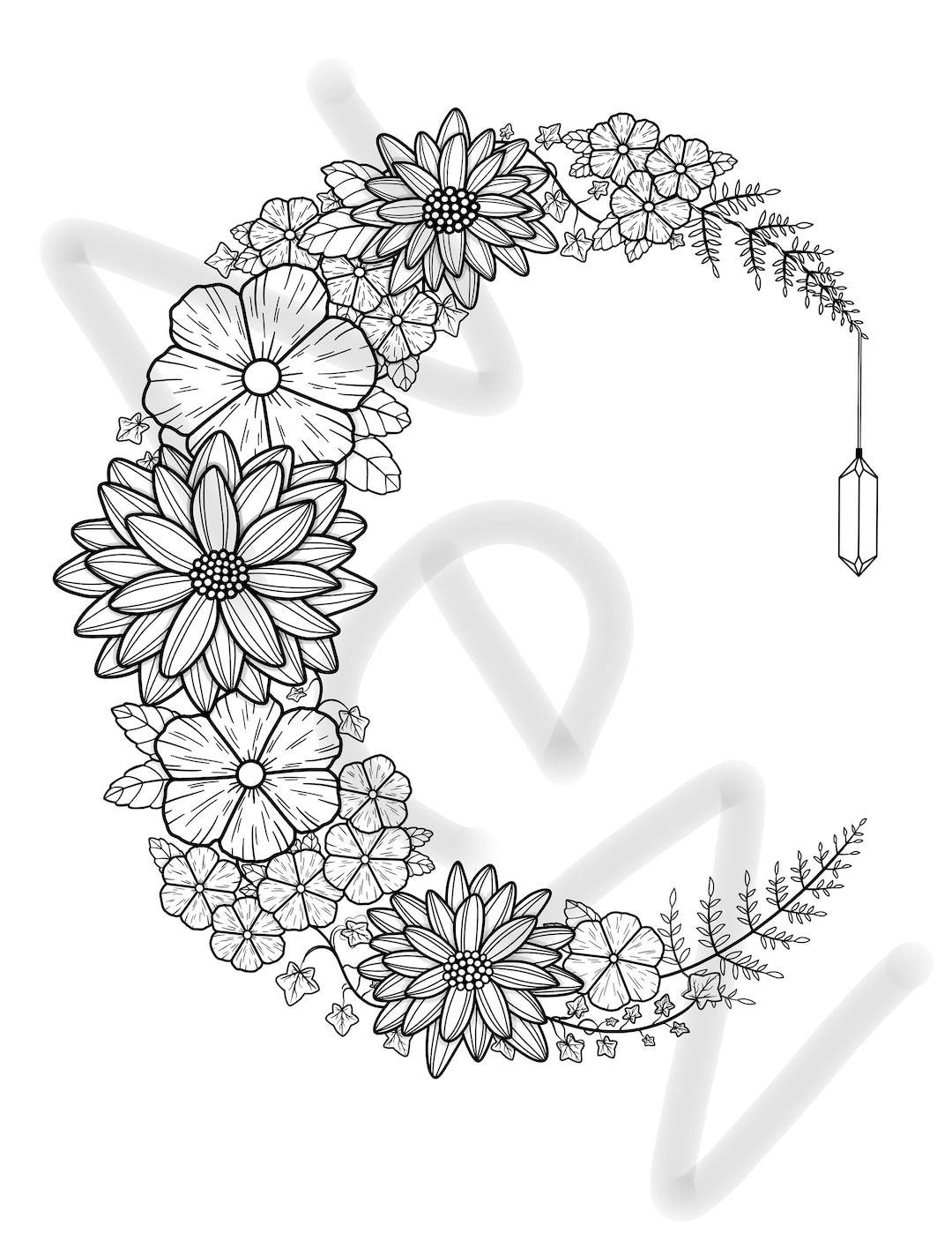 Floral Moon Printable Coloring Page, Printable Adult Coloring Pages ...