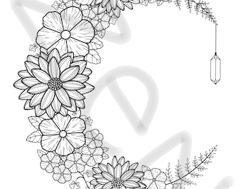 Floral Moon Printable Coloring Page, Printable Adult Coloring Pages, Floral Coloring Sheets, Flower Coloring Page For Adults, Stress Relief