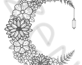 Floral Moon Printable Coloring Page, Printable Adult Coloring Pages, Floral Coloring Sheets, Flower Coloring Page For Adults, Stress Relief