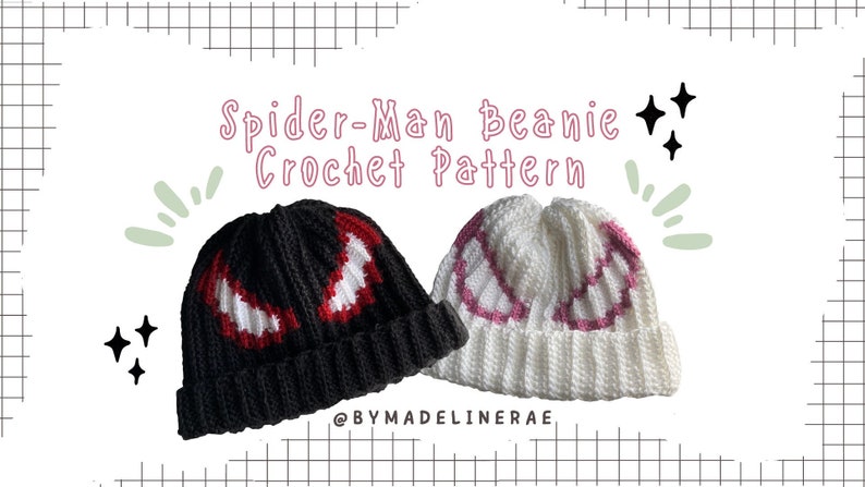 Puede incluir: Dos gorros tejidos a ganchillo, uno negro con detalles rojos y blancos, el otro blanco con detalles rosas. El texto "Spider-Man Beanie Crochet Pattern" est&aacute; encima de los gorros. El nombre del creador tambi&eacute;n es visible.