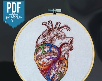 Queer at Heart embroidery pattern | anatomical heart with rainbow blood vessels, queer art, LGBTQ+ Pride, PDF