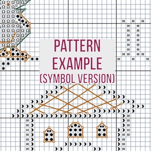 Part of a cross-stitch pattern labeled "Pattern Example (Symbol Version)". Behind the text, you can see the symbols for different colors of thread and stitches.