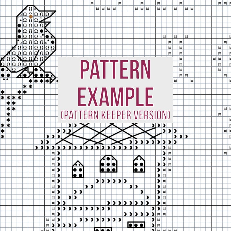 Part of a cross-stitch pattern labeled "Pattern Example (Pattern Keeper Version)". Behind the text, you can see the symbols for different colors of thread and stitches. This pattern is compatible with the Pattern Keeper cross-stitching app.