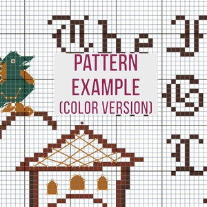 Part of a cross-stitch pattern labeled "Pattern Example (Color Version)". Behind the text, you can see the a grid filled in with colored squares and lines for different colors of thread and stitches.